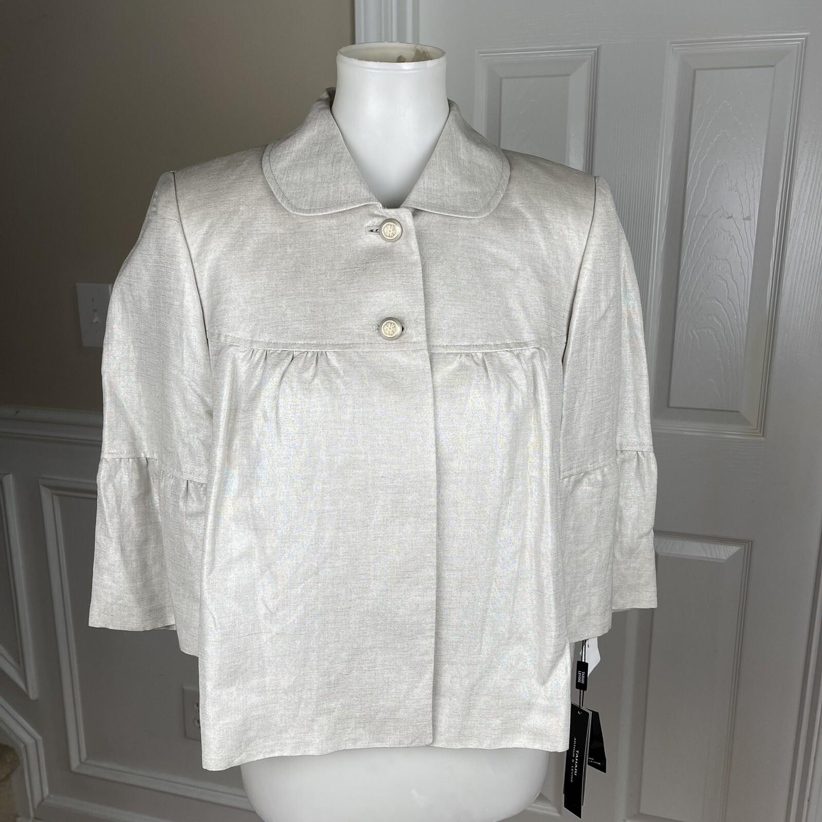 New TAHARI 2PC Beige Metallic Linen Rayon Cropped Shawl Collar Pant Suit Size 6