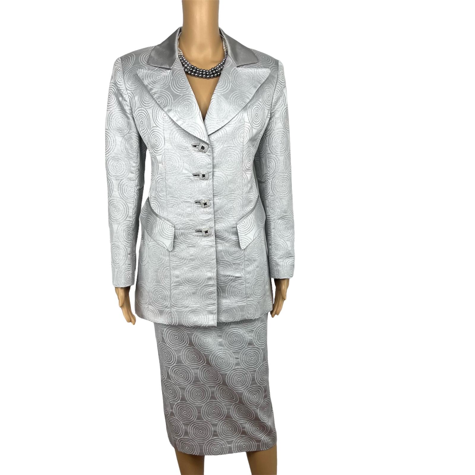 Nubiano New York Polyester Nylon Skirt Suit 6 Silver Shiny Formal Women 2 Piece