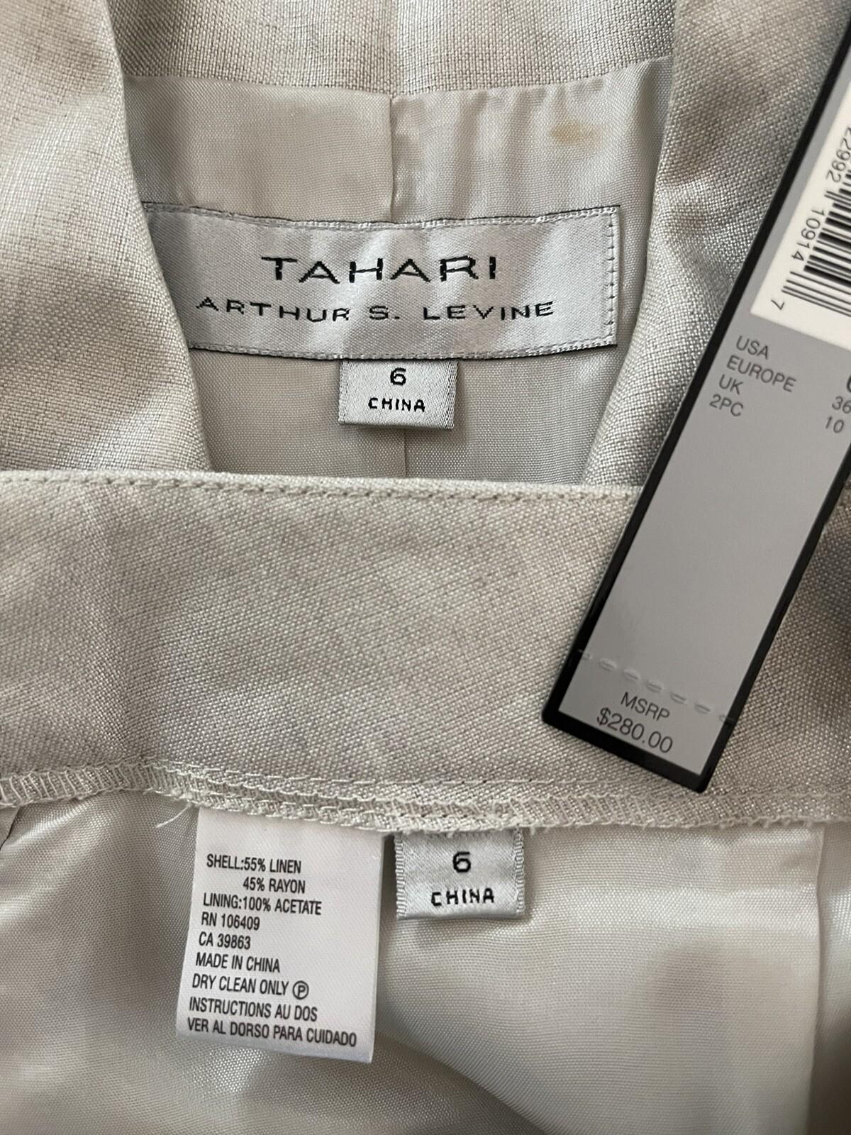 New TAHARI 2PC Beige Metallic Linen Rayon Cropped Shawl Collar Pant Suit Size 6