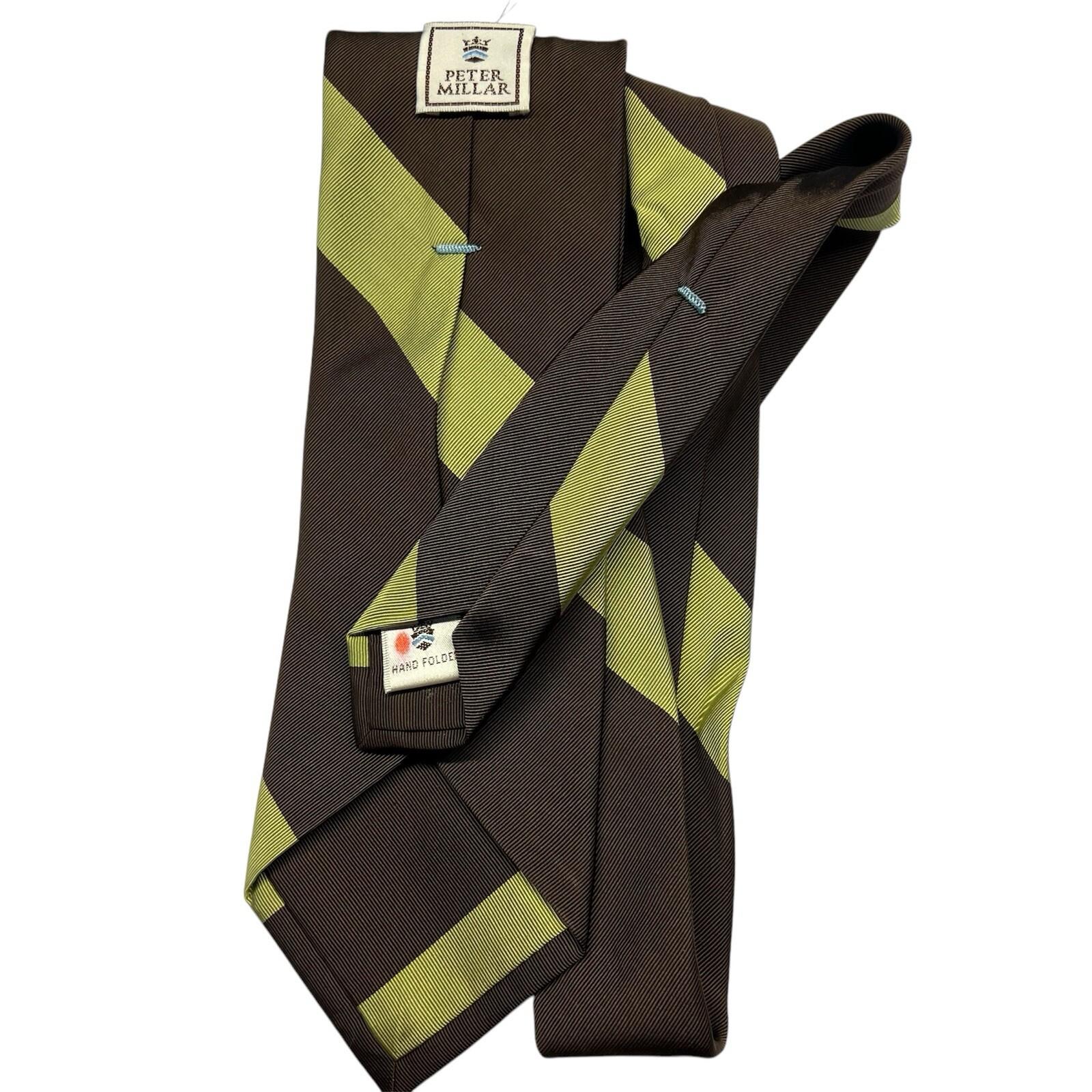 Peter Millar Men Silk Neck Tie Brown Green Striped Hand Folded 57 inch Luxury
