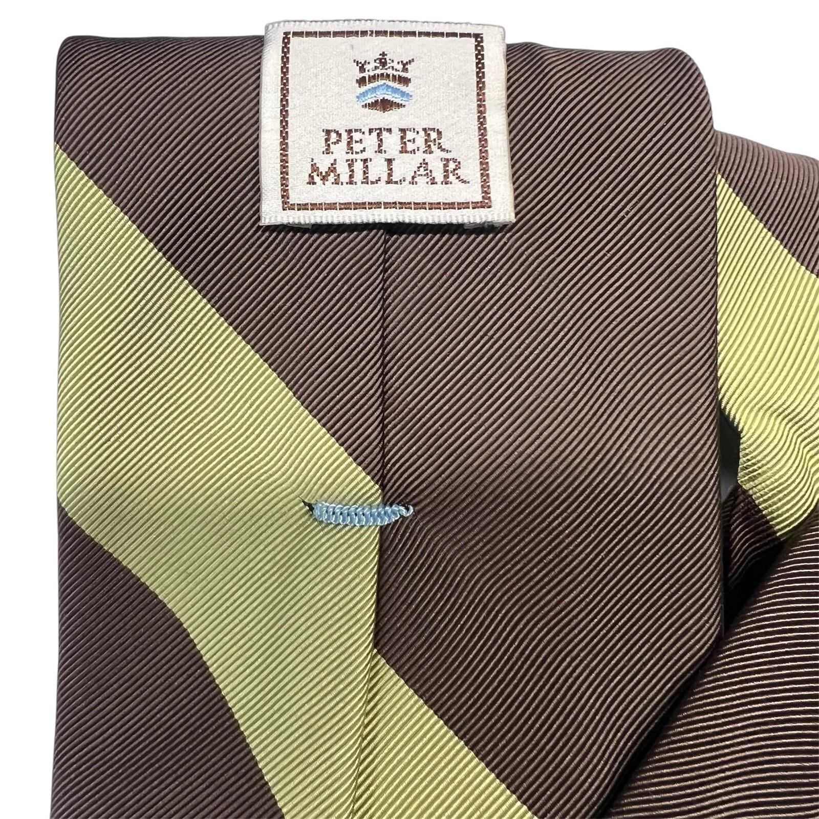Peter Millar Men Silk Neck Tie Brown Green Striped Hand Folded 57 inch Luxury