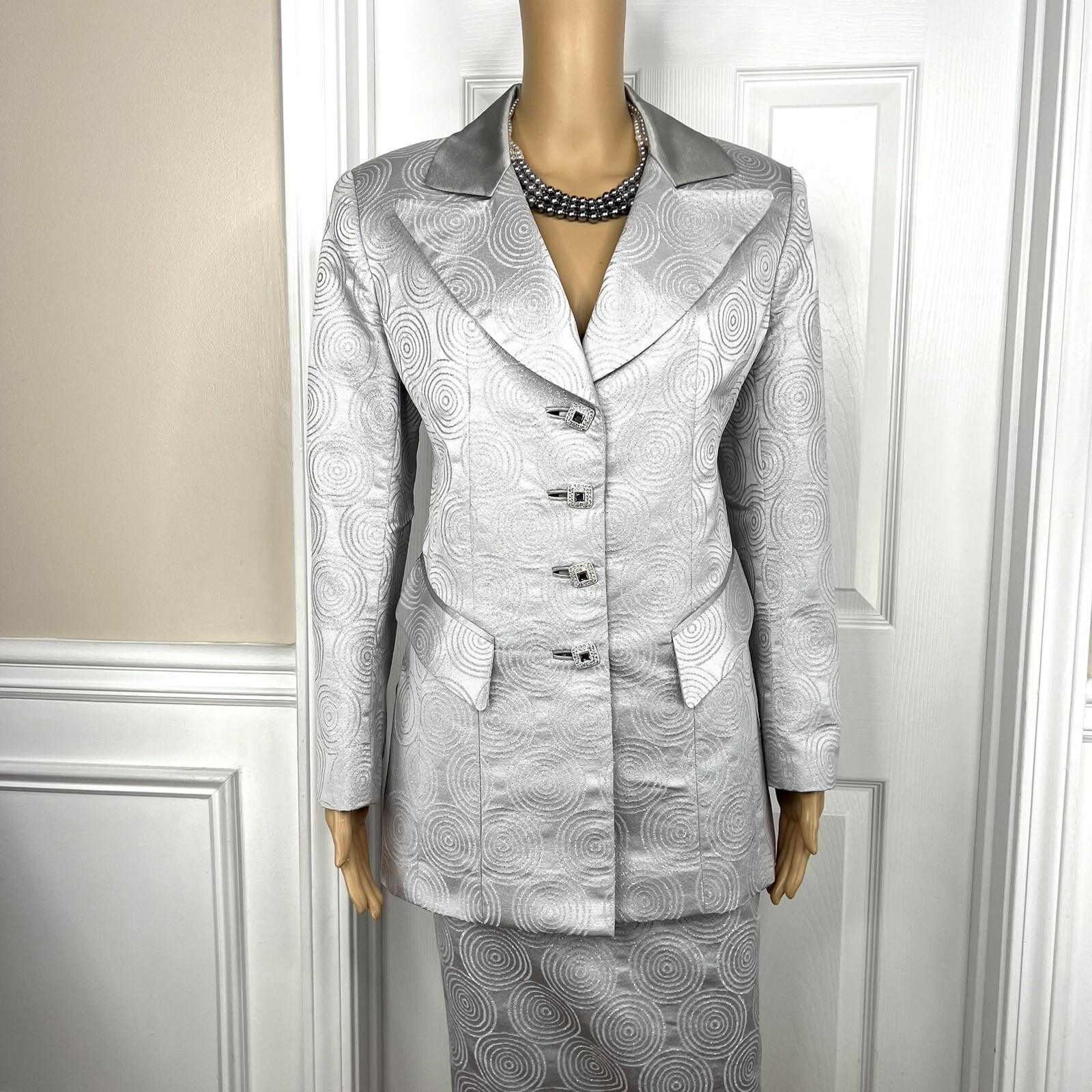Nubiano New York Polyester Nylon Skirt Suit 6 Silver Shiny Formal Women 2 Piece