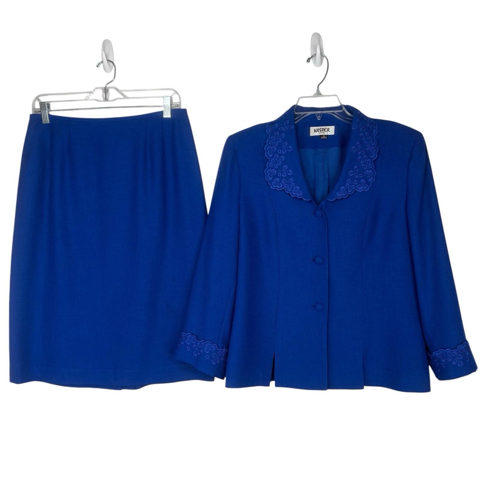Kasper Polyester Skirt Suit 10 Deep Blue Cuffed Sleeve Embroidered Lined 2PC