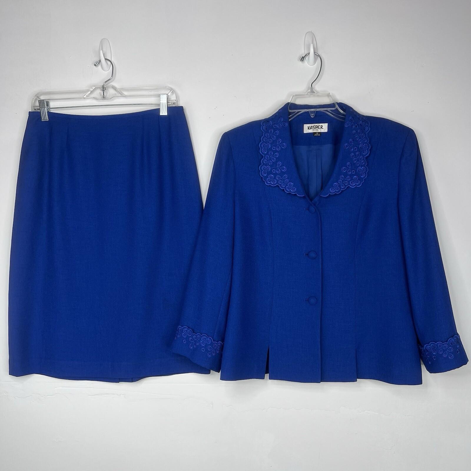 Kasper Polyester Skirt Suit 10 Deep Blue Cuffed Sleeve Embroidered Lined 2PC