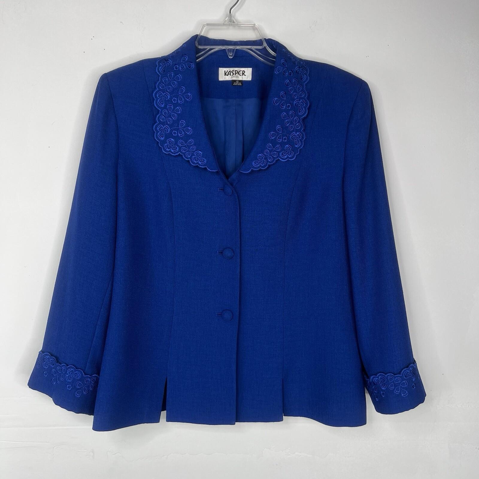 Kasper Polyester Skirt Suit 10 Deep Blue Cuffed Sleeve Embroidered Lined 2PC