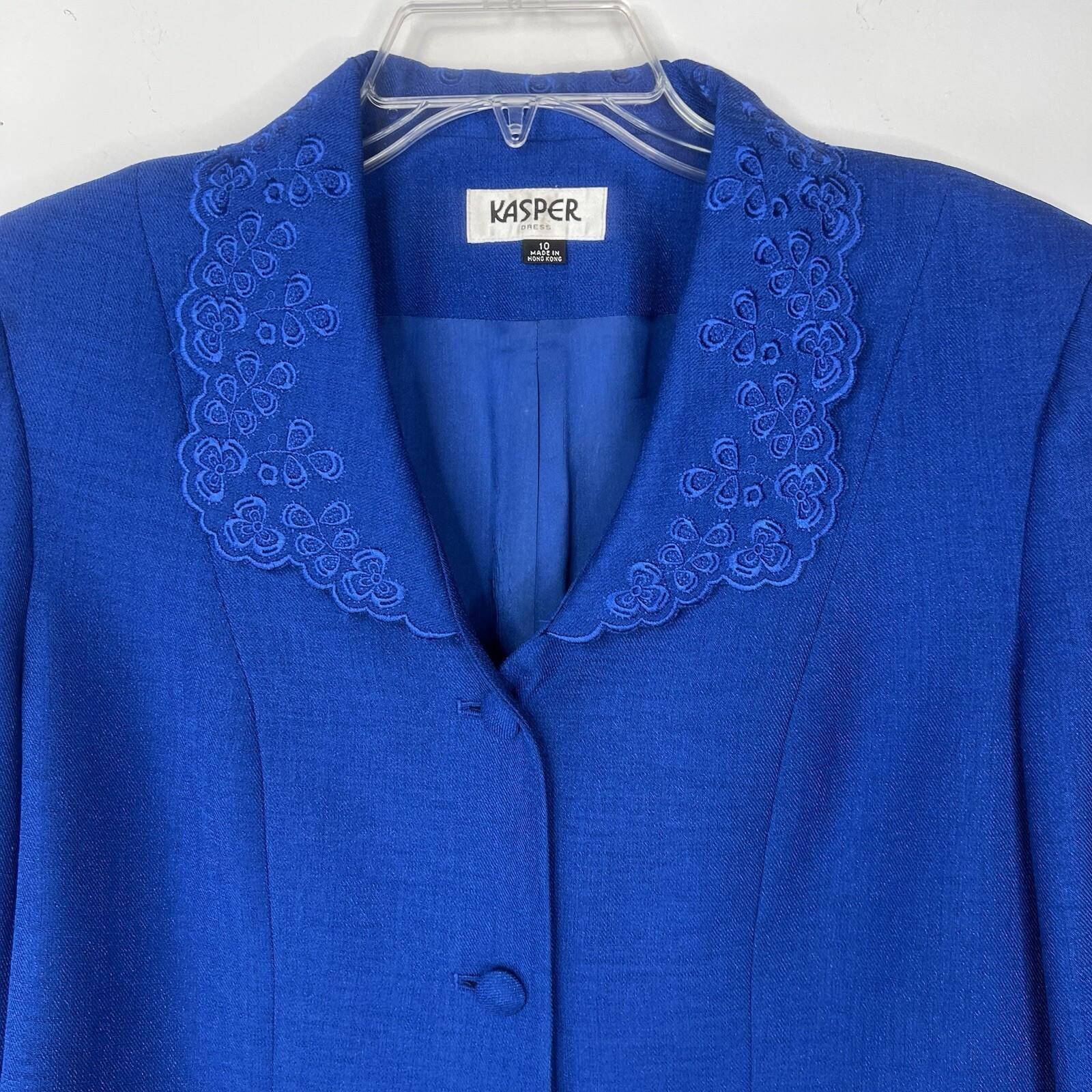 Kasper Polyester Skirt Suit 10 Deep Blue Cuffed Sleeve Embroidered Lined 2PC