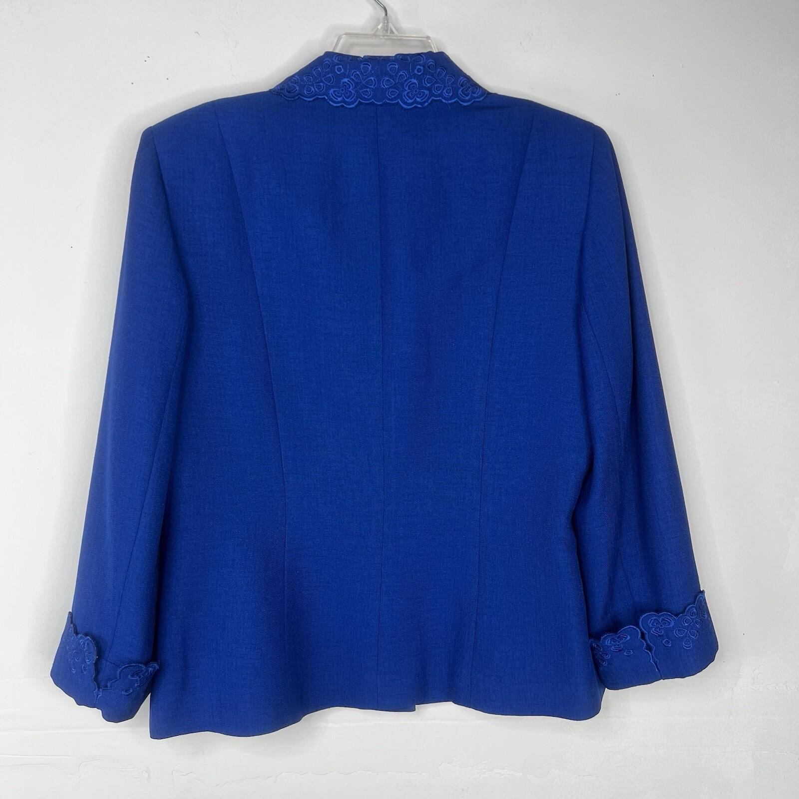Kasper Polyester Skirt Suit 10 Deep Blue Cuffed Sleeve Embroidered Lined 2PC