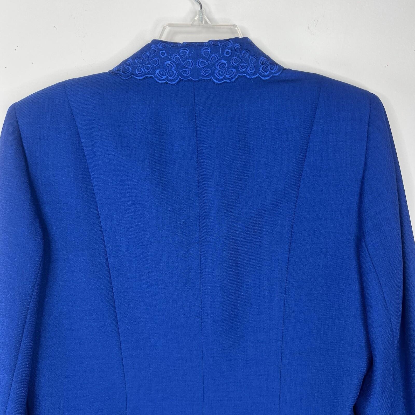Kasper Polyester Skirt Suit 10 Deep Blue Cuffed Sleeve Embroidered Lined 2PC