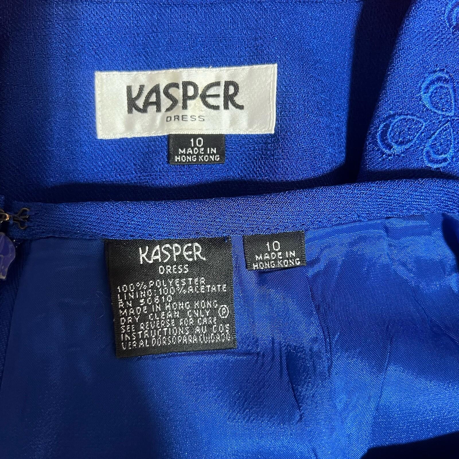 Kasper Polyester Skirt Suit 10 Deep Blue Cuffed Sleeve Embroidered Lined 2PC