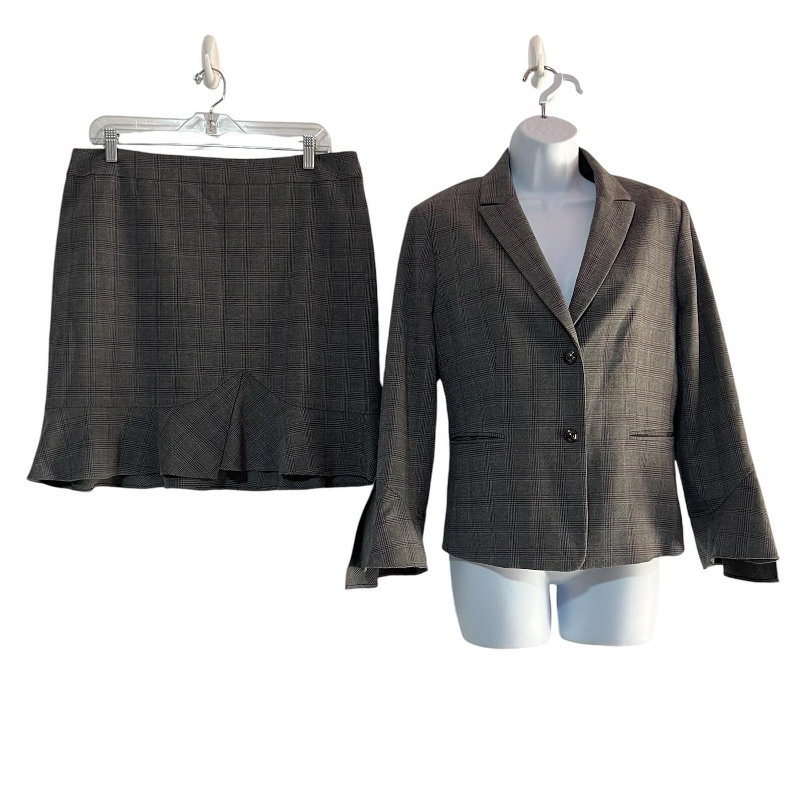 Tahari ASL Viscose Blend Skirt Suit 12P Gray Ruffle Bell Sleeves Striped 2PC