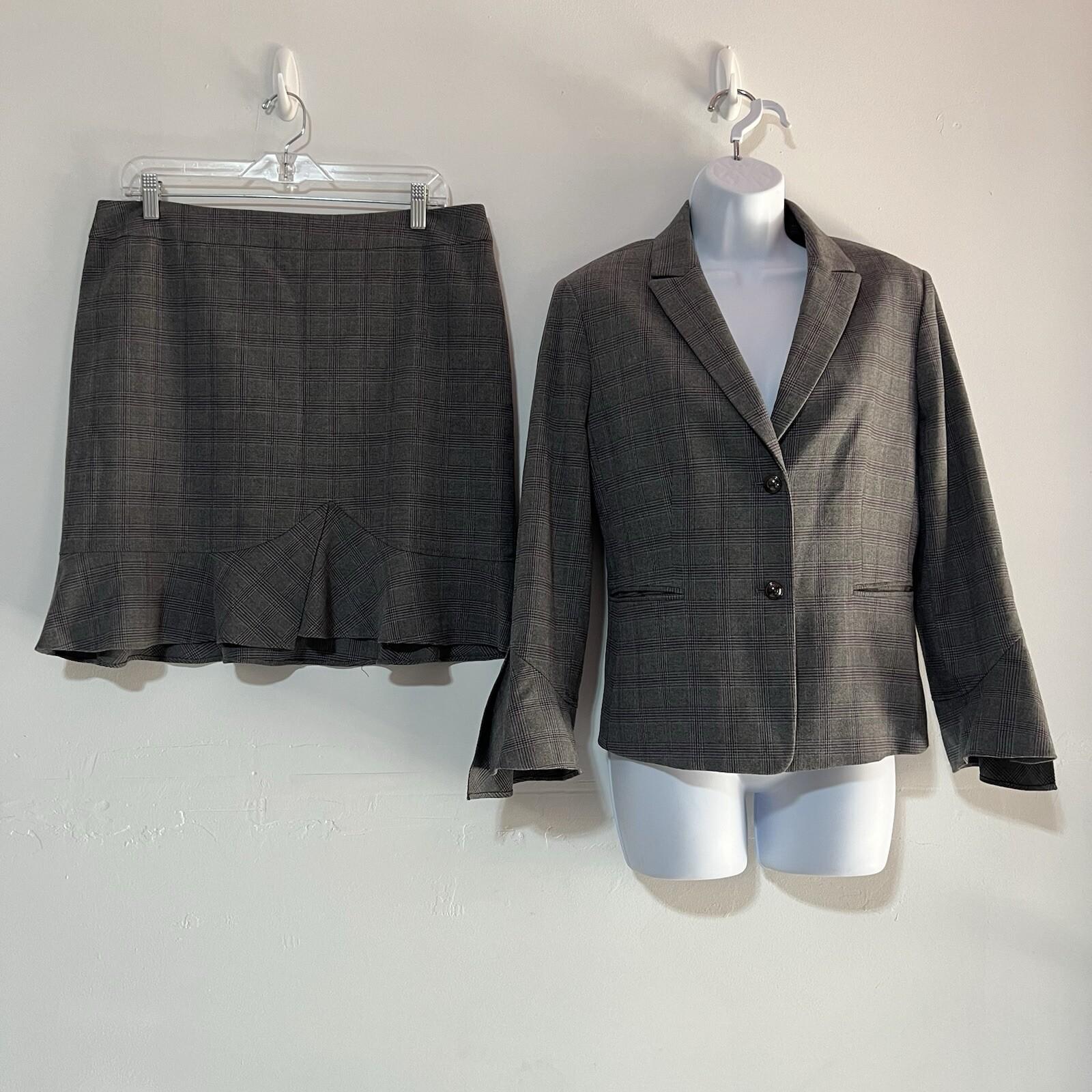 Tahari ASL Viscose Blend Skirt Suit 12P Gray Ruffle Bell Sleeves Striped 2PC