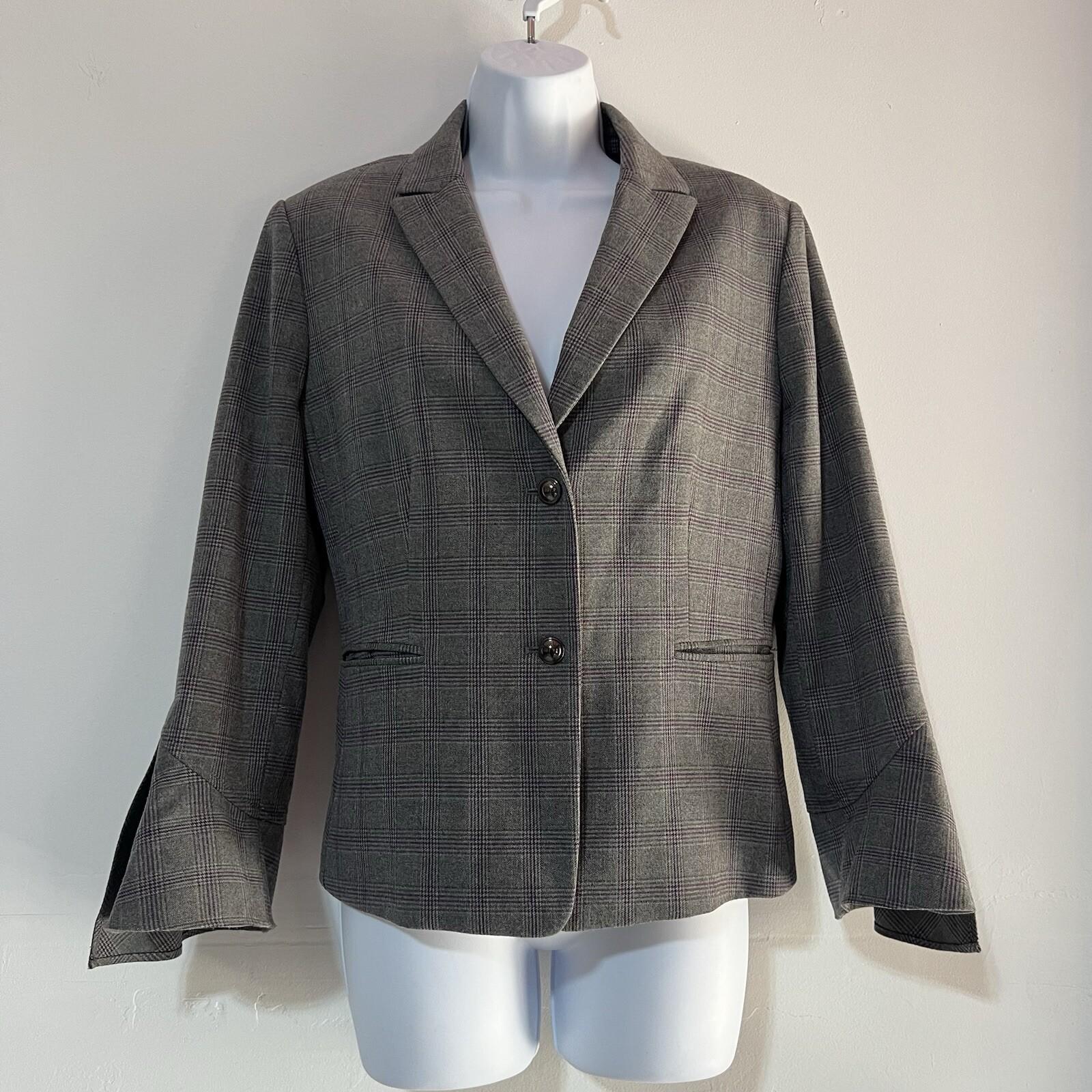 Tahari ASL Viscose Blend Skirt Suit 12P Gray Ruffle Bell Sleeves Striped 2PC
