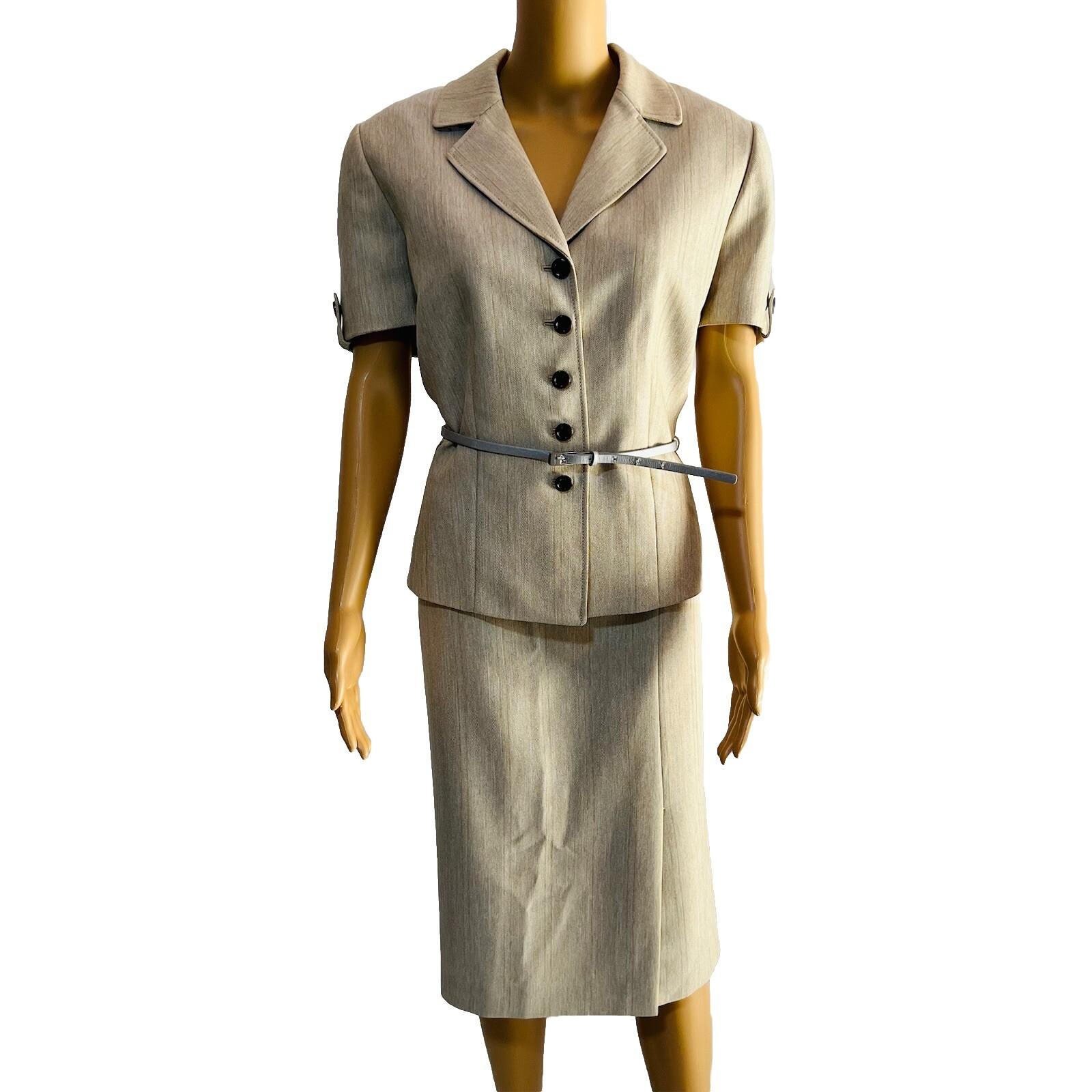 Tahari ASL Polyester Skirt Suit 12 Beige Belted Short Sleeves Padded Lined 2PC