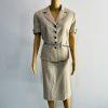 Tahari ASL Polyester Skirt Suit 12 Beige Belted Short Sleeves Padded Lined 2PC