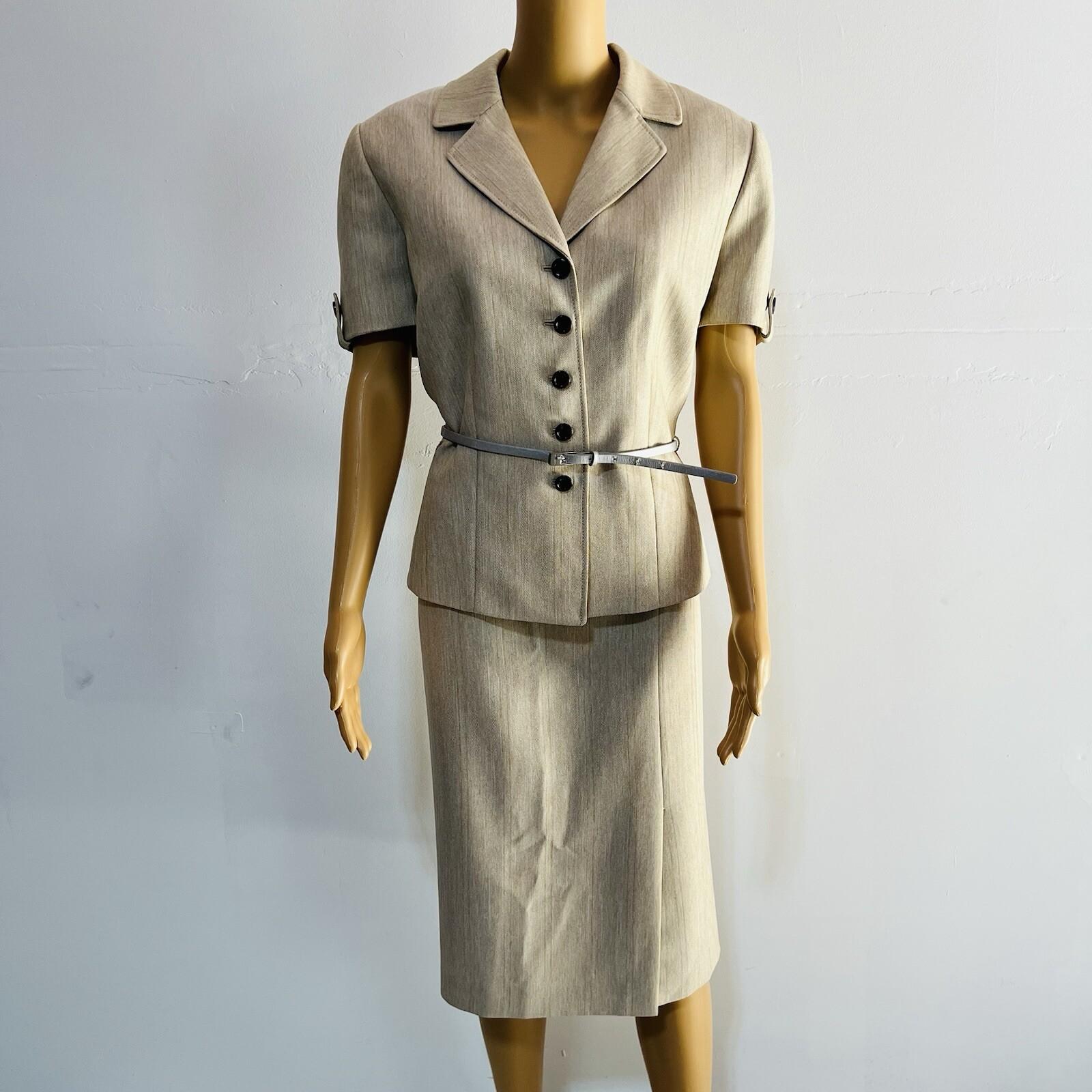 Tahari ASL Polyester Skirt Suit 12 Beige Belted Short Sleeves Padded Lined 2PC