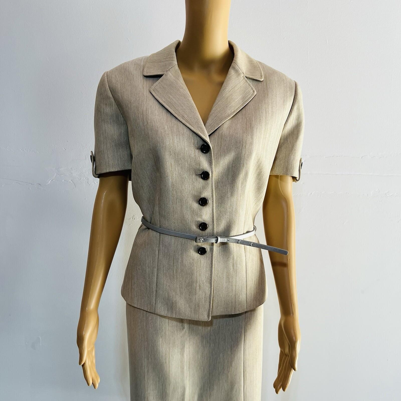 Tahari ASL Polyester Skirt Suit 12 Beige Belted Short Sleeves Padded Lined 2PC