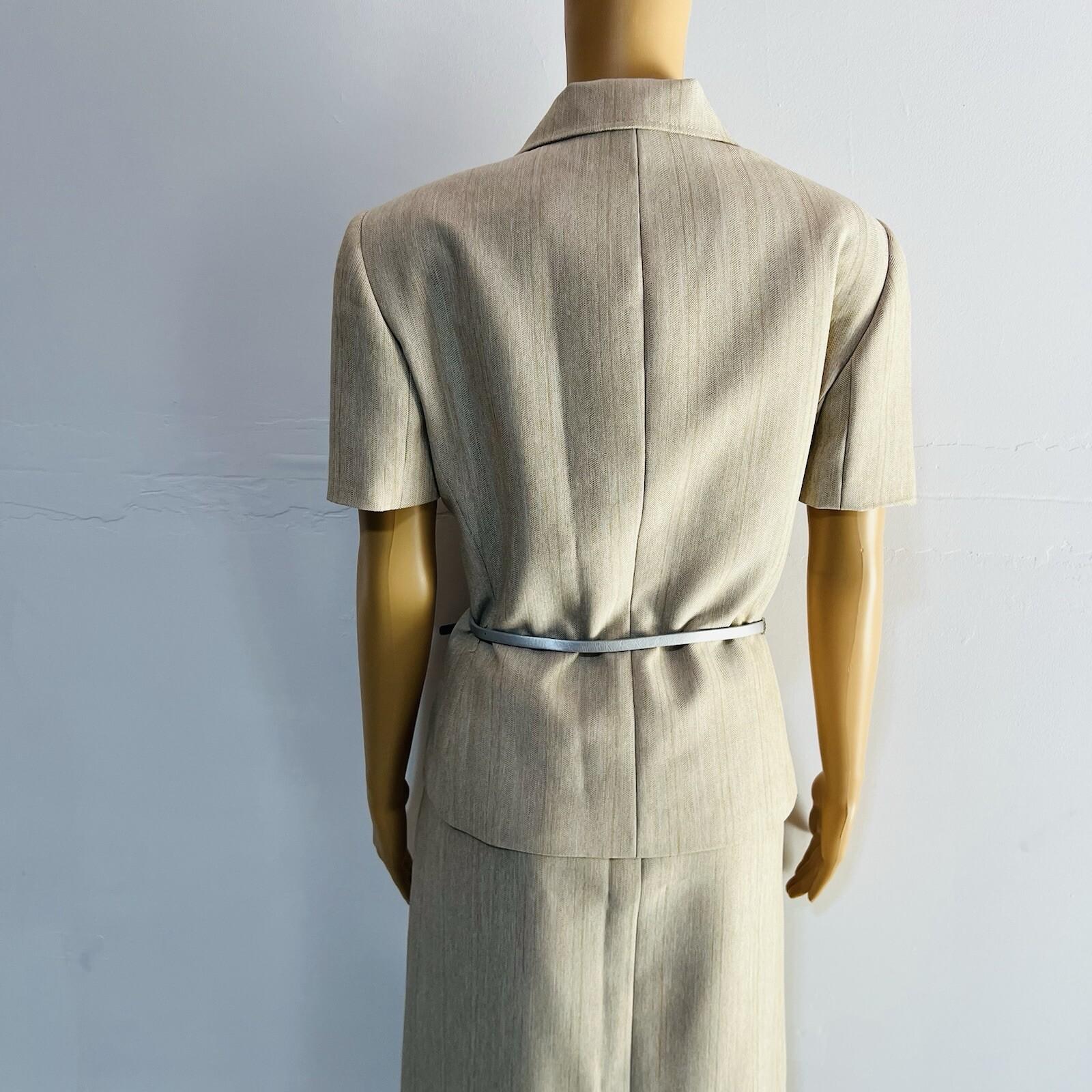 Tahari ASL Polyester Skirt Suit 12 Beige Belted Short Sleeves Padded Lined 2PC