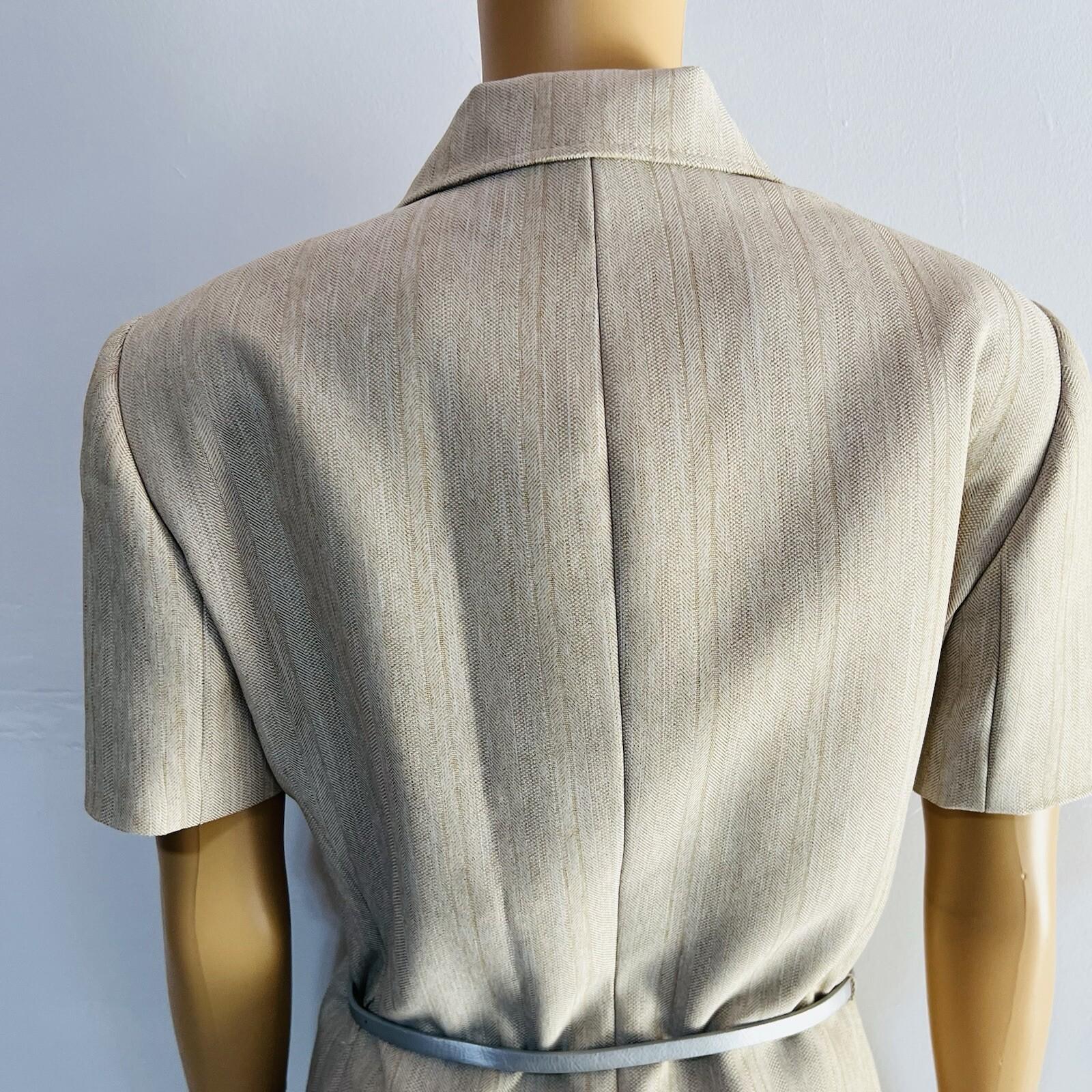 Tahari ASL Polyester Skirt Suit 12 Beige Belted Short Sleeves Padded Lined 2PC