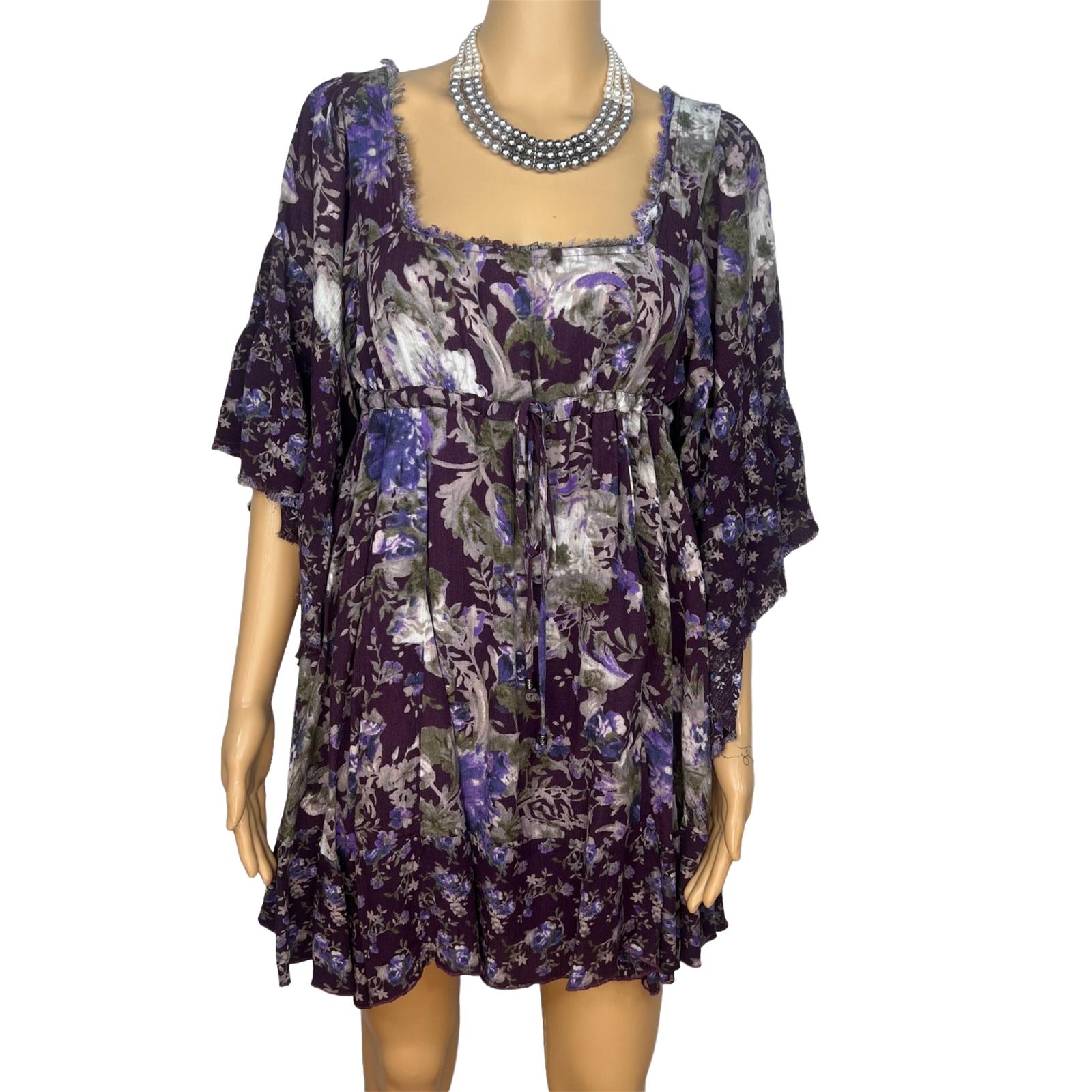 FREE PEOPLE Purple White Floral Drawstring Fit and Flare Tunic Mini Dress Size S