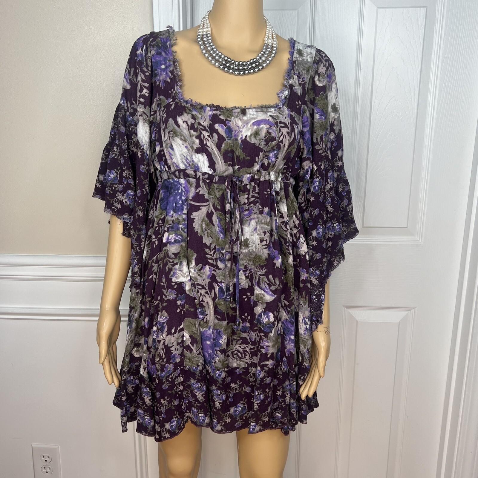 FREE PEOPLE Purple White Floral Drawstring Fit and Flare Tunic Mini Dress Size S