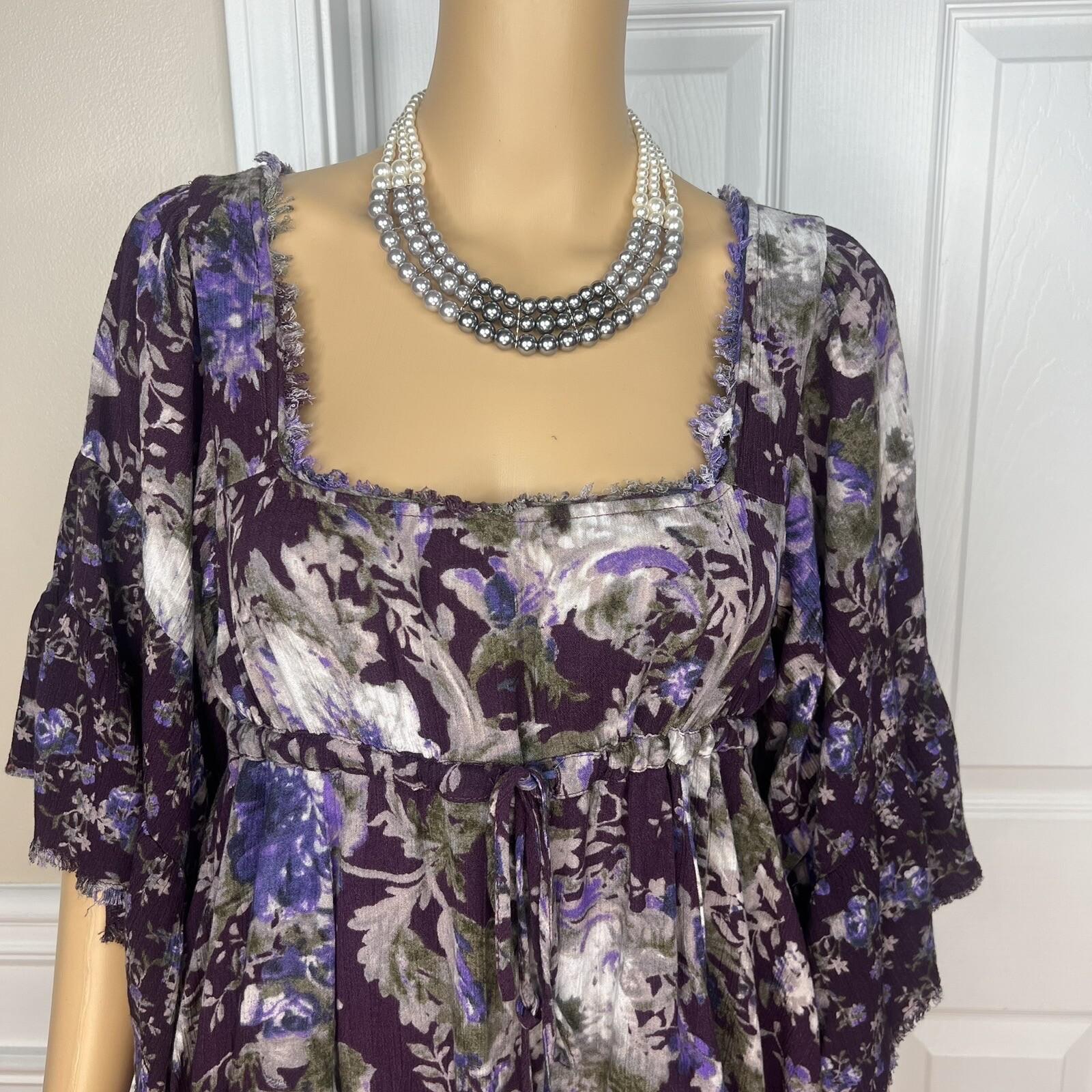 FREE PEOPLE Purple White Floral Drawstring Fit and Flare Tunic Mini Dress Size S