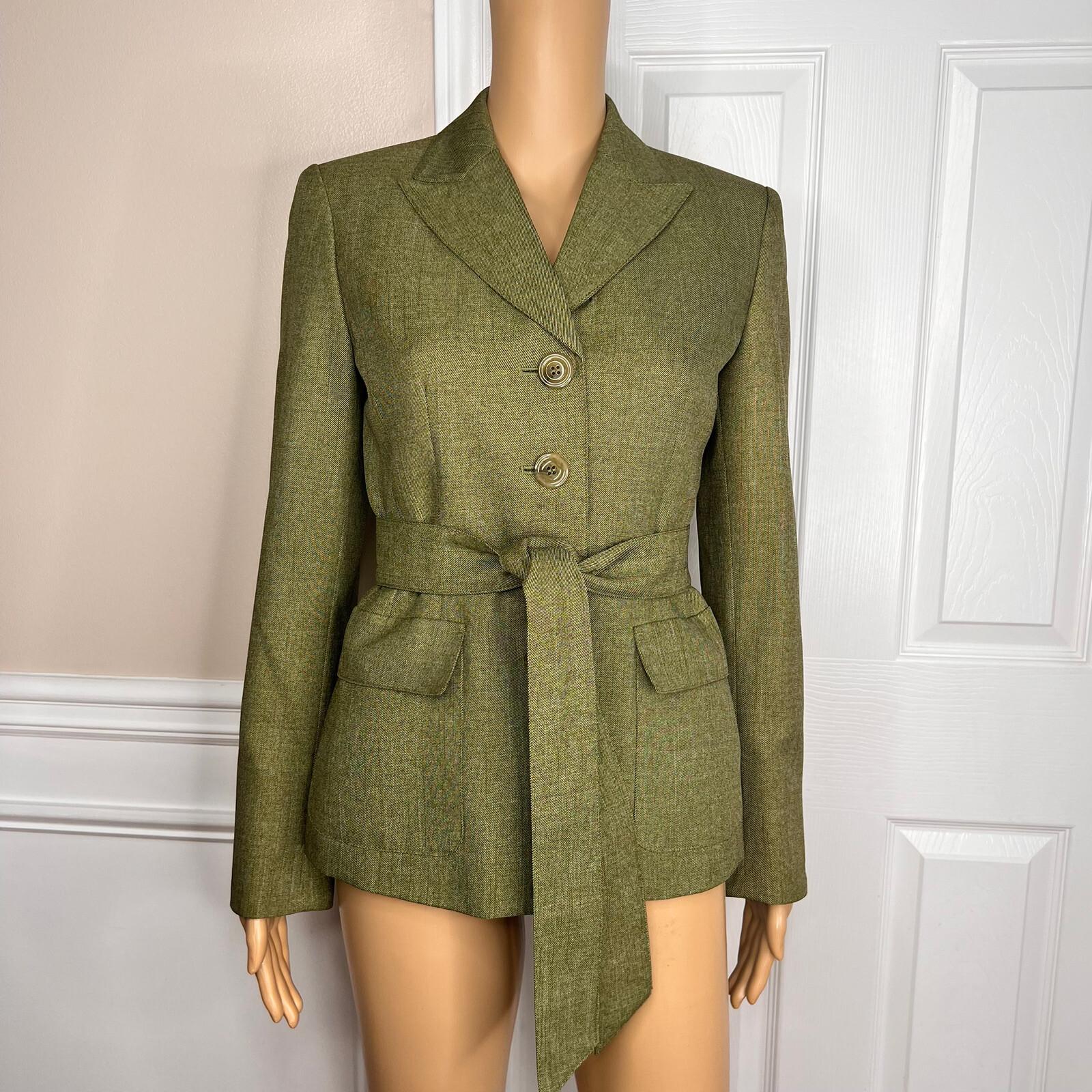 Le Suit Polyester Lined Blazer Size 4 Green Women 1 Piece Belted Peak Collar