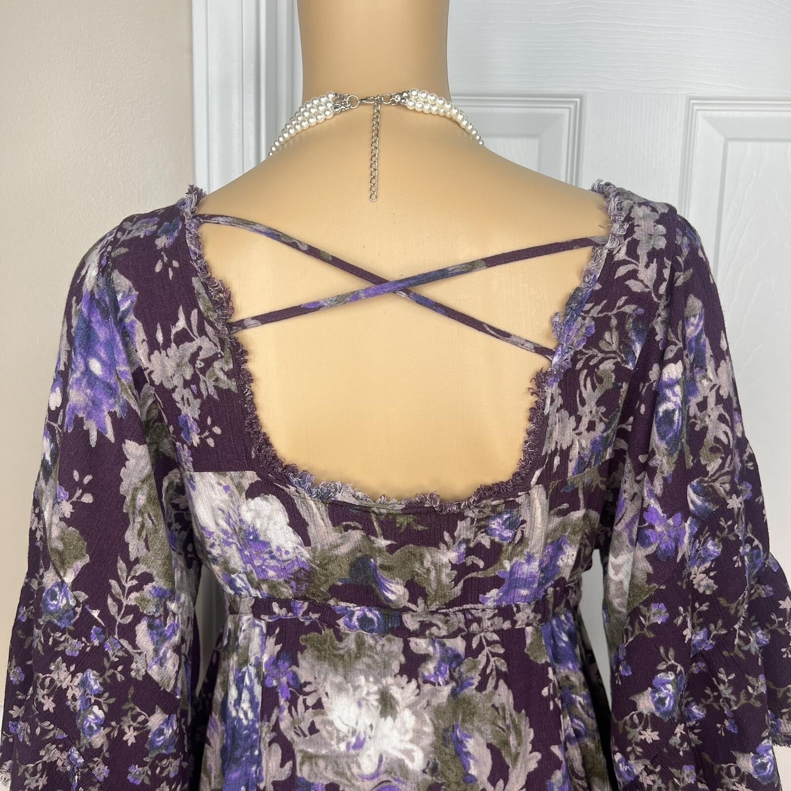FREE PEOPLE Purple White Floral Drawstring Fit and Flare Tunic Mini Dress Size S
