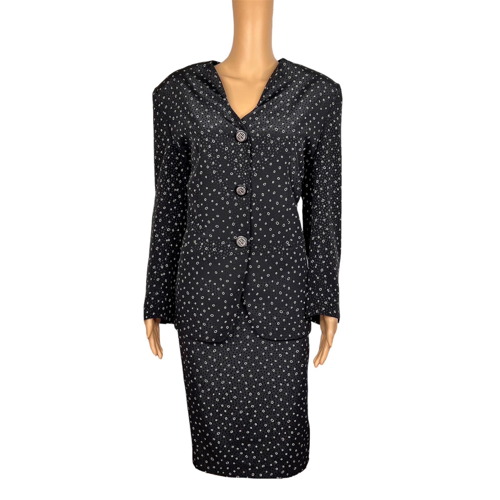 KASPER 2PC Black White Silk Like Polyester Lined Collarless Skirt Suit Size 14P