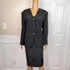 KASPER 2PC Black White Silk Like Polyester Lined Collarless Skirt Suit Size 14P