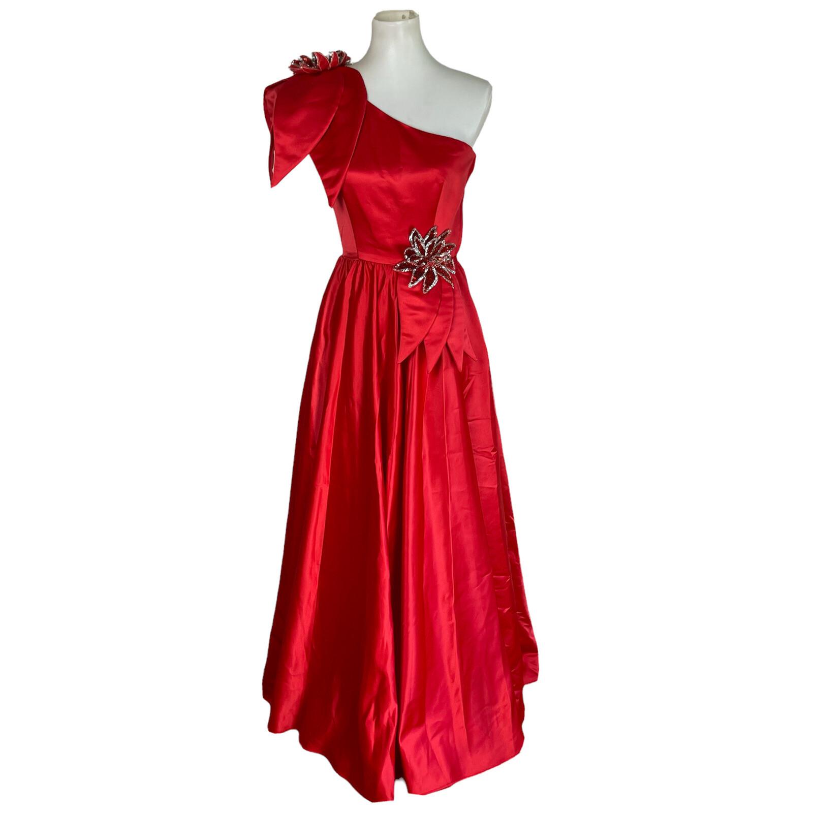 Alyce Designs Vtg Cottage Chic Dress 6 Red Sequin One Shoulder Drop Waist