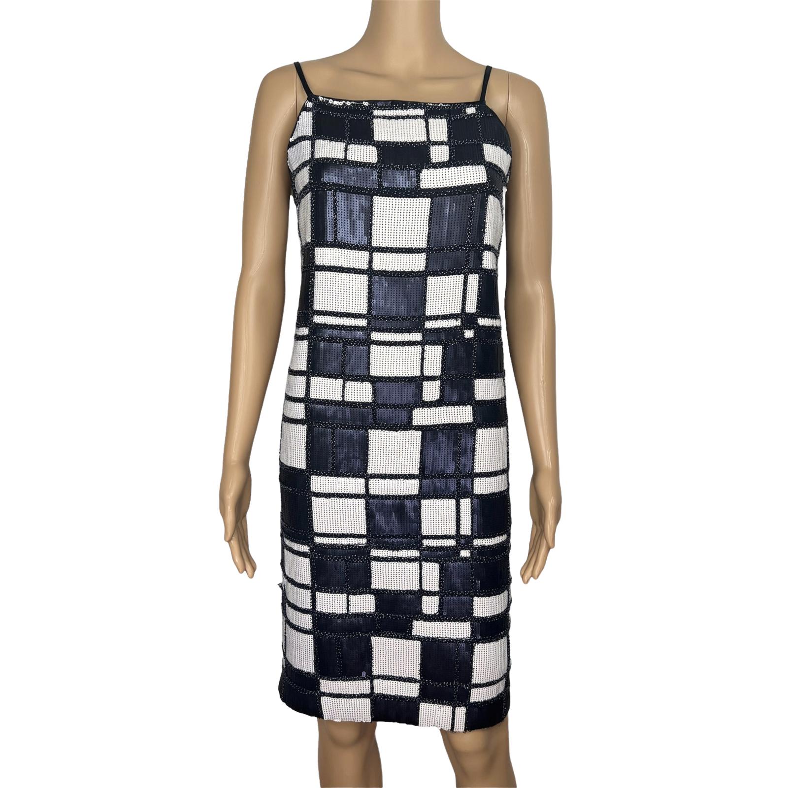 W By WORTH Blue White Beaded Sequin Sleeveless Cocktail Evening Dress Size 2