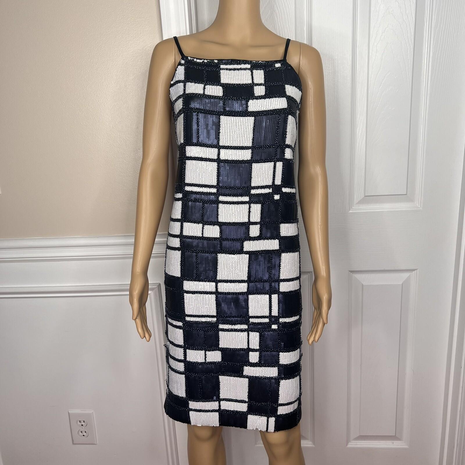 W By WORTH Blue White Beaded Sequin Sleeveless Cocktail Evening Dress Size 2