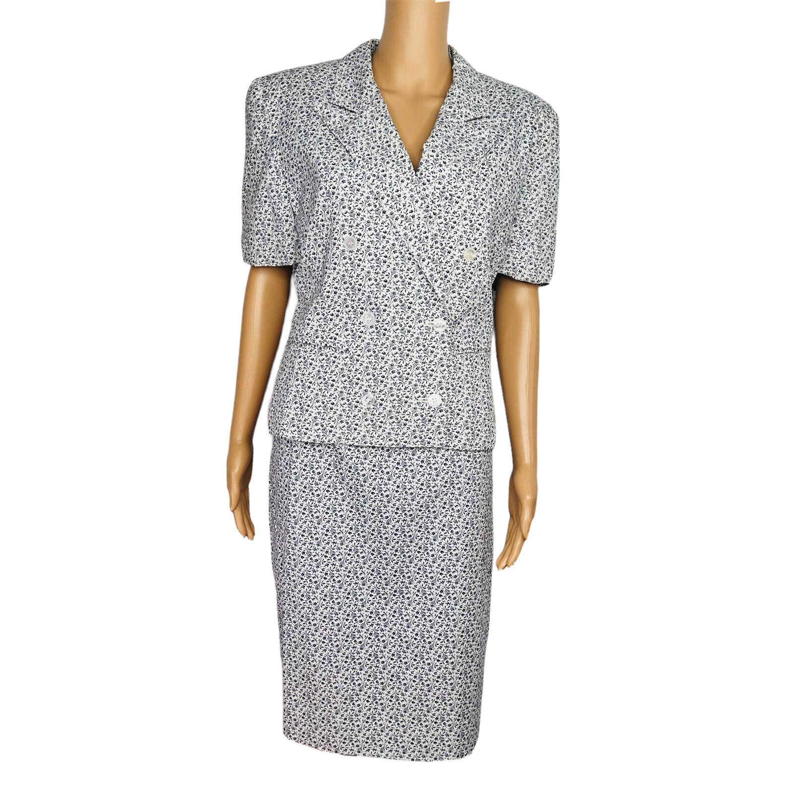 LIZ CLAIBORNE Vtg 2PC Off White Floral Double Breasted Lined Skirt Suit Size 8