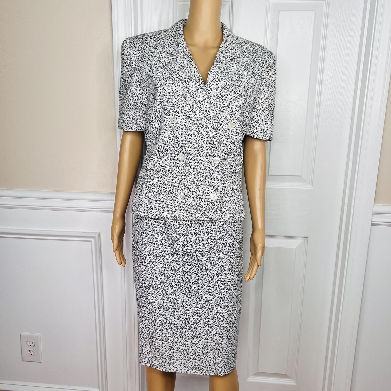 LIZ CLAIBORNE Vtg 2PC Off White Floral Double Breasted Lined Skirt Suit Size 8
