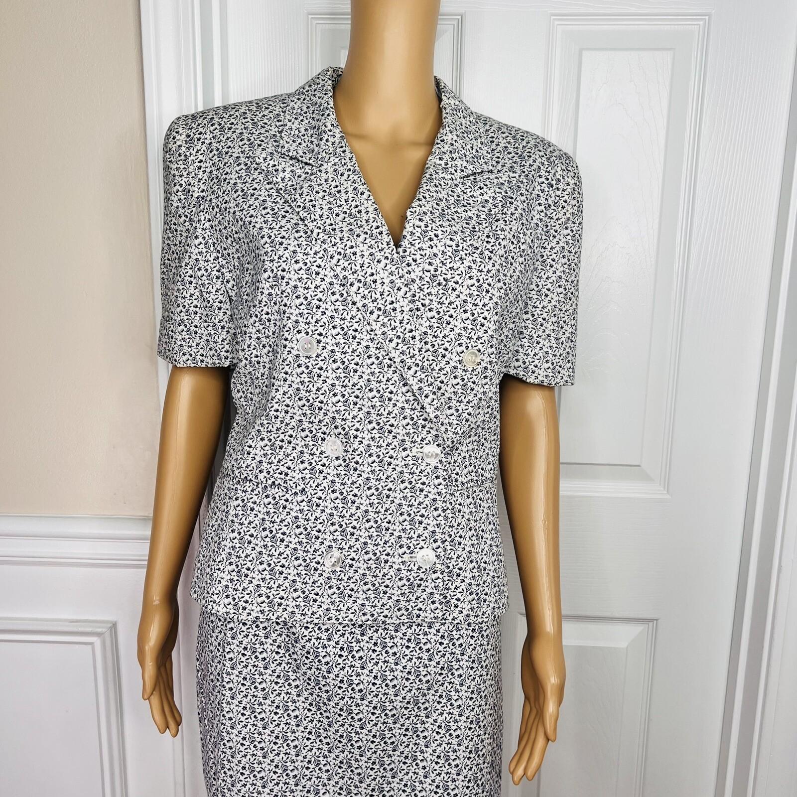 LIZ CLAIBORNE Vtg 2PC Off White Floral Double Breasted Lined Skirt Suit Size 8