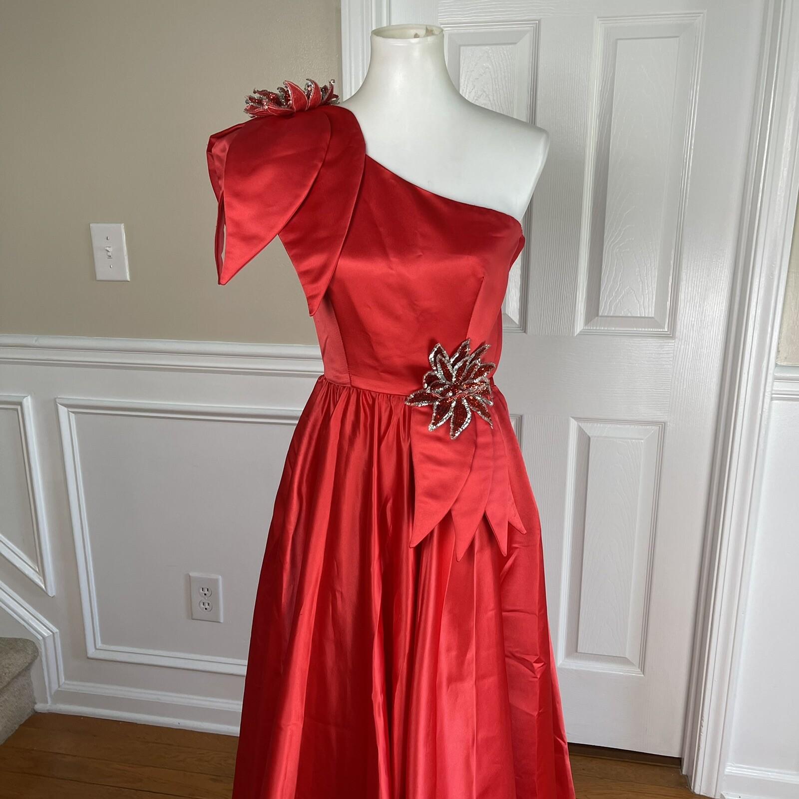 Alyce Designs Vtg Cottage Chic Dress 6 Red Sequin One Shoulder Drop Waist