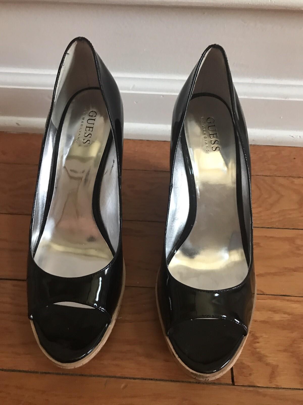 GUESS By Marciano Faux Patent Leather Shoes Size 9.5 M Peep Toes Wedge