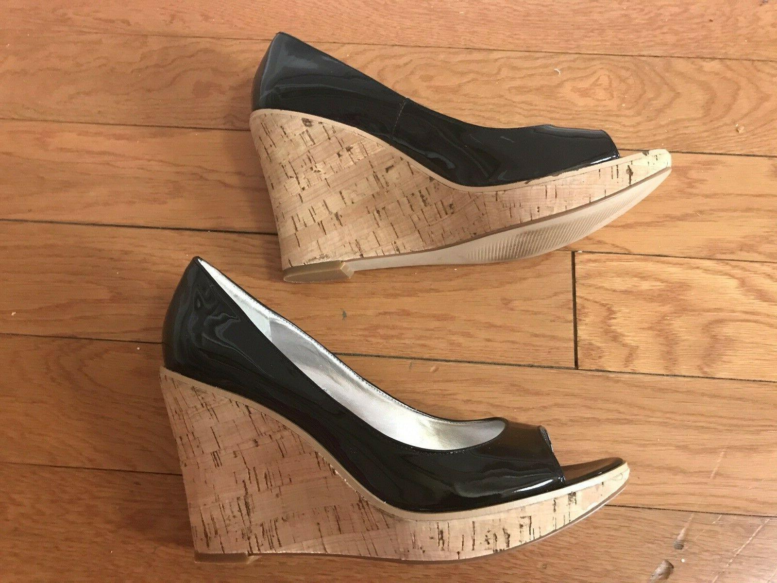 GUESS By Marciano Faux Patent Leather Shoes Size 9.5 M Peep Toes Wedge