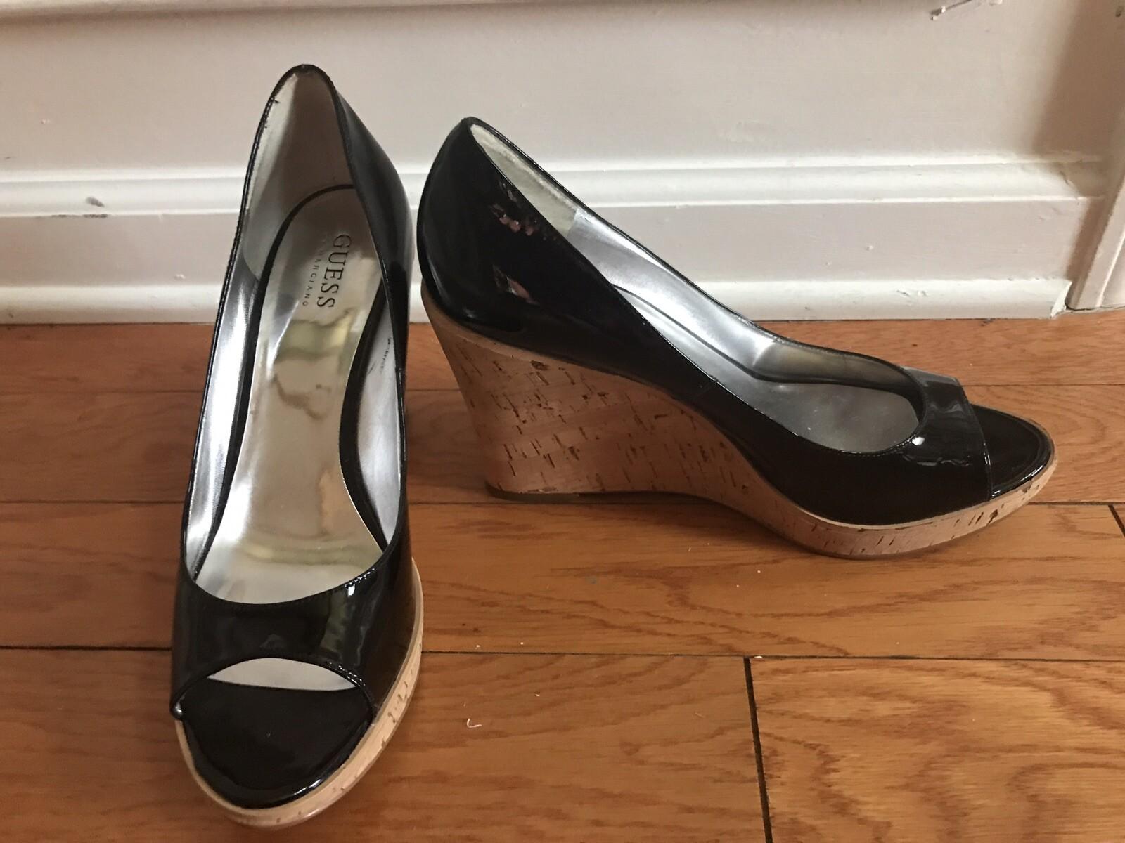 GUESS By Marciano Faux Patent Leather Shoes Size 9.5 M Peep Toes Wedge