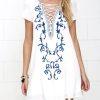Lulus Rayon Shift Dress S White Embroidered Down in Kokomo Lace Up Neckline Mini