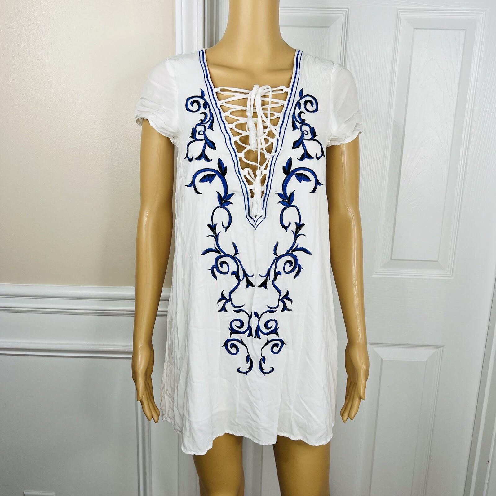 Lulus Rayon Shift Dress S White Embroidered Down in Kokomo Lace Up Neckline Mini