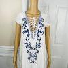 Lulus Rayon Shift Dress S White Embroidered Down in Kokomo Lace Up Neckline Mini