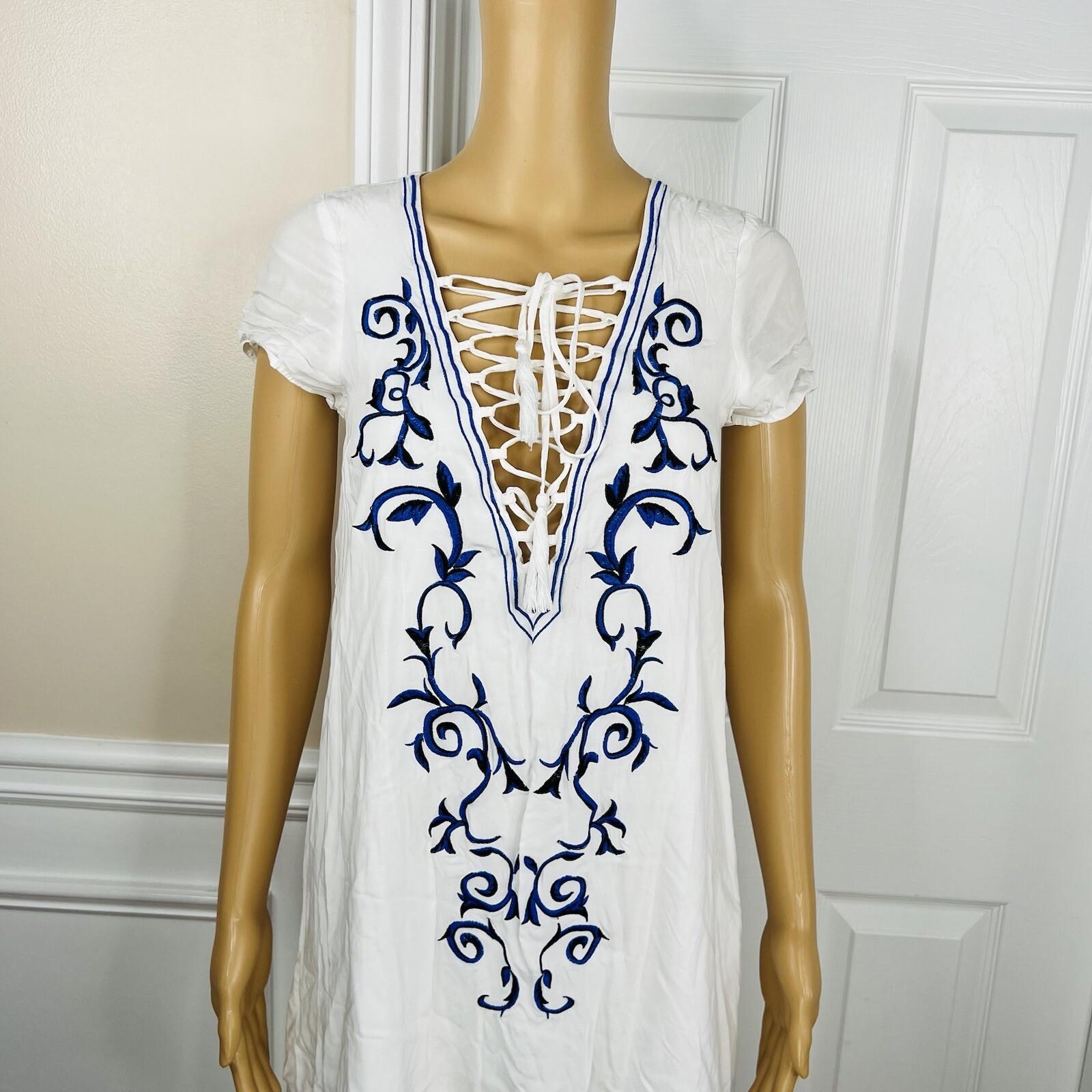 Lulus Rayon Shift Dress S White Embroidered Down in Kokomo Lace Up Neckline Mini