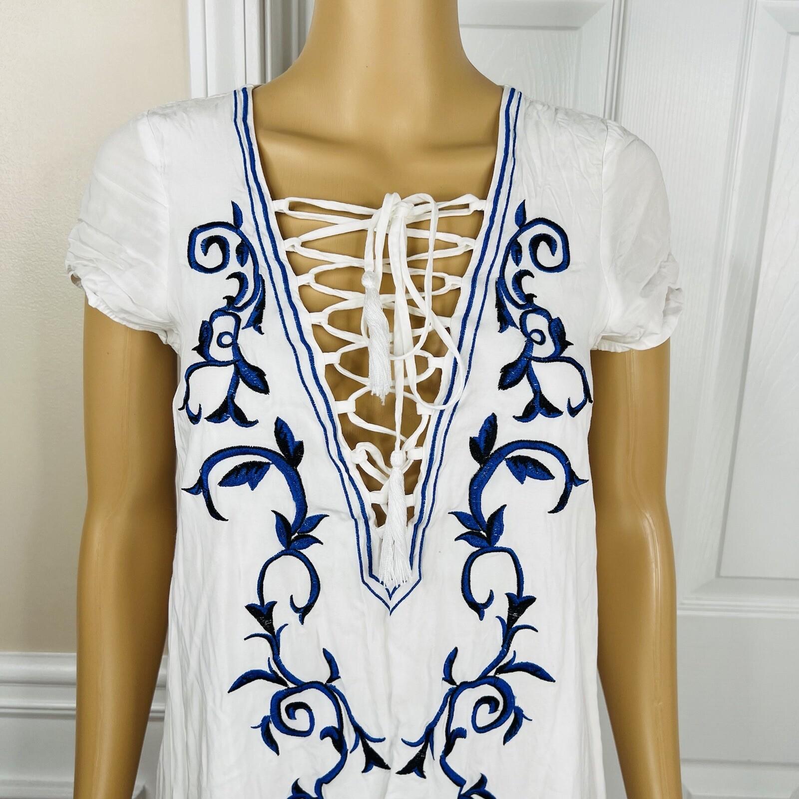 Lulus Rayon Shift Dress S White Embroidered Down in Kokomo Lace Up Neckline Mini