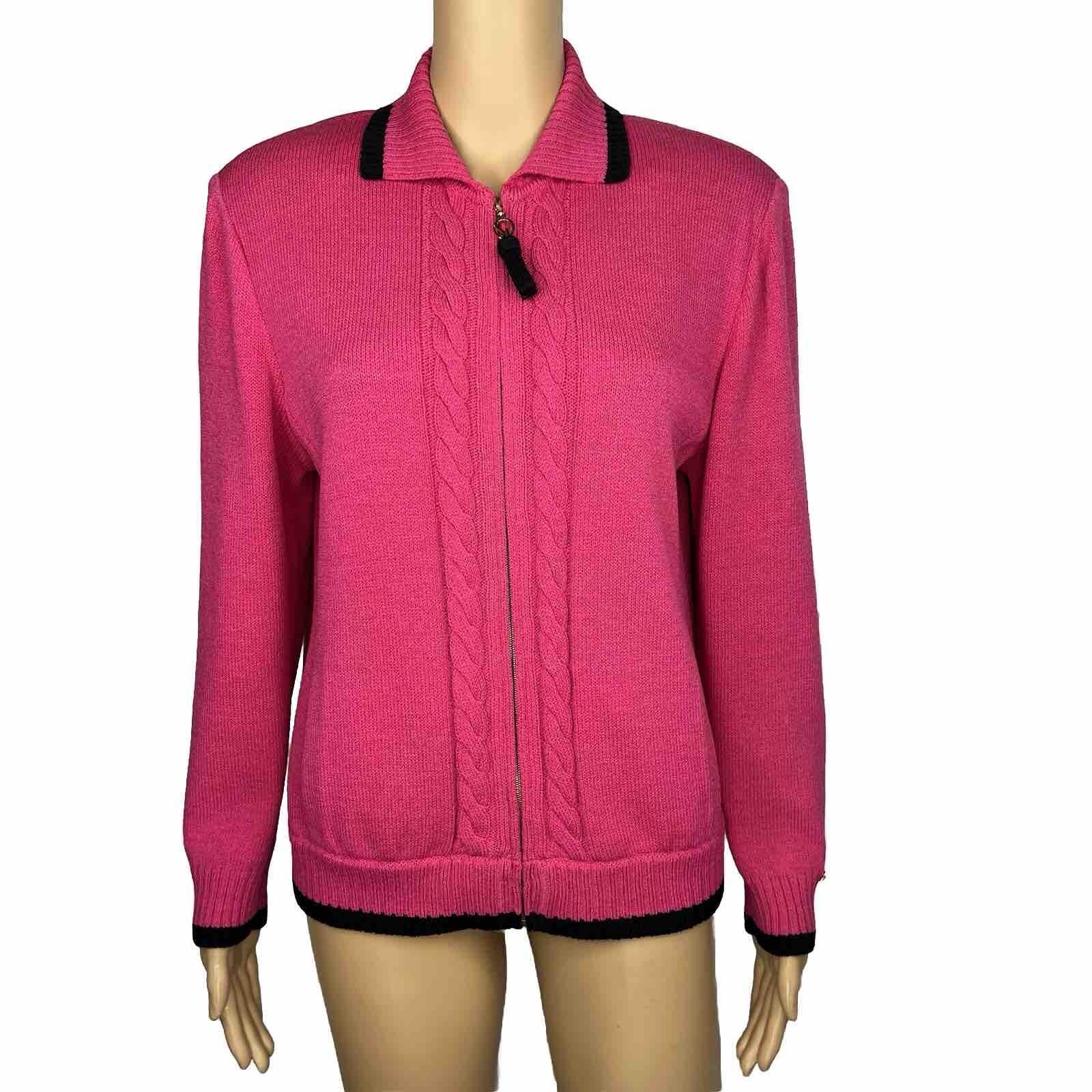 St John Sport By Marie Gray Sweater S Pink Black Knit Zip Up Stretch Pockets