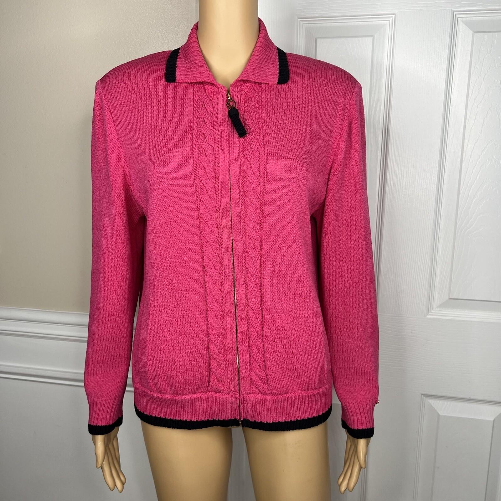 St John Sport By Marie Gray Sweater S Pink Black Knit Zip Up Stretch Pockets