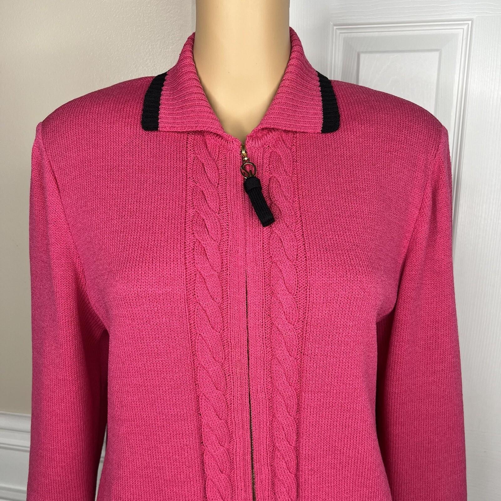 St John Sport By Marie Gray Sweater S Pink Black Knit Zip Up Stretch Pockets
