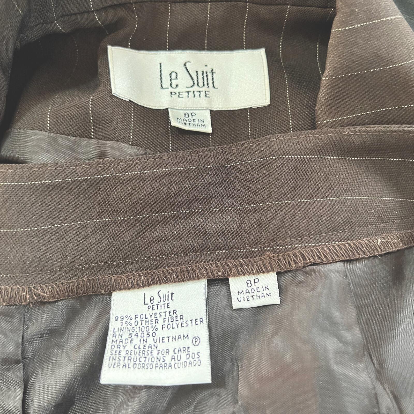 LE SUIT Women Polyester Pant Suit Size 8P Brown Striped Lined Peak Collar 2PC