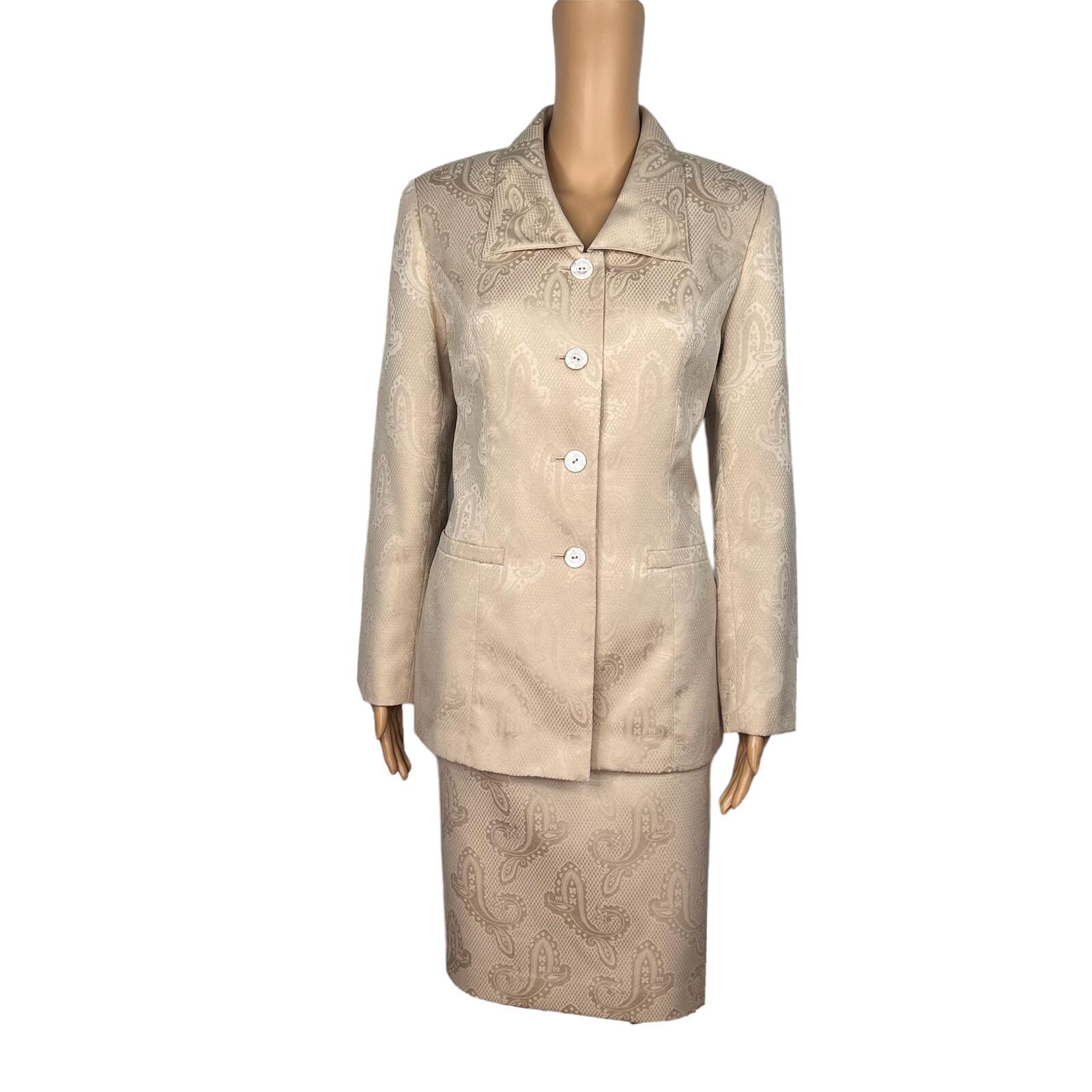 LE SUIT  Women 2PC Beige Floral Polyester Lined Shawl Collar Skirt Suit Size 6