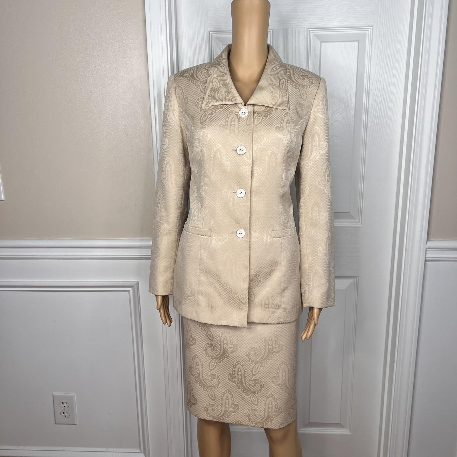 LE SUIT  Women 2PC Beige Floral Polyester Lined Shawl Collar Skirt Suit Size 6